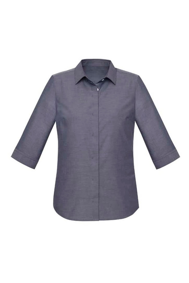 A grey women's button-up shirt with a 3/4 sleeve design and a collar, featuring a logo on the side.