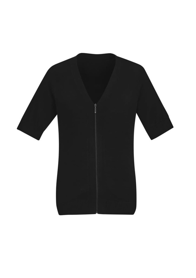 A black zip front short sleeve knit cardigan with a V-neck design. Features a fitted silhouette and ribbed hem.
