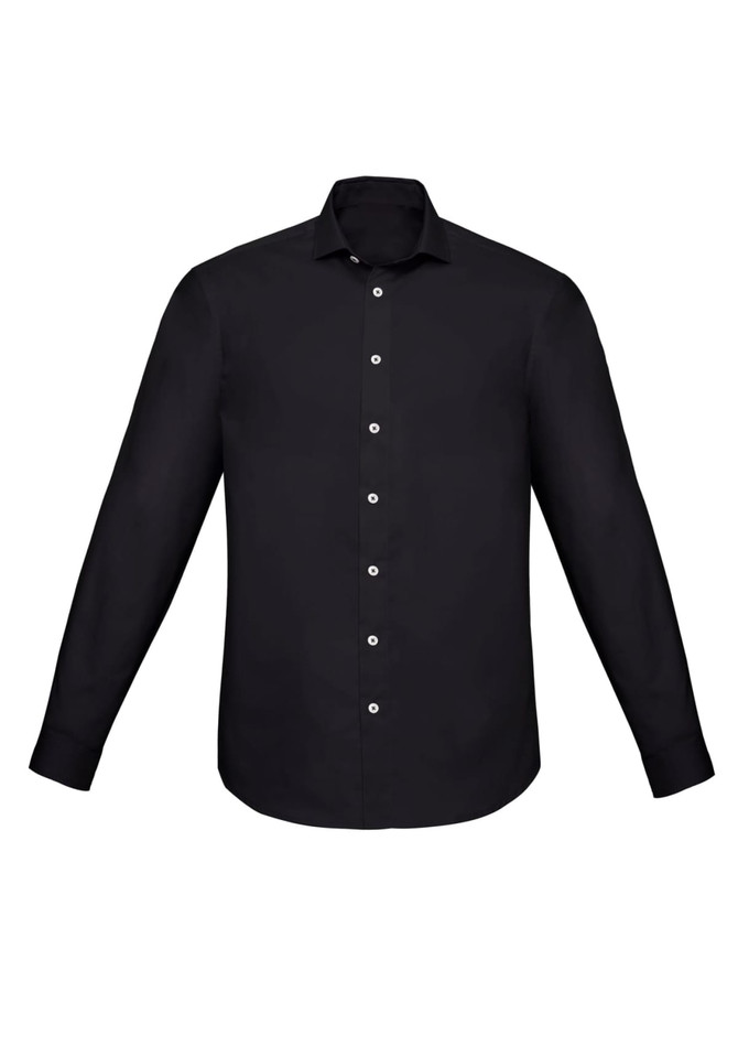 A black slim fit long sleeve button-up shirt with a collar and white buttons. Features a logo present.