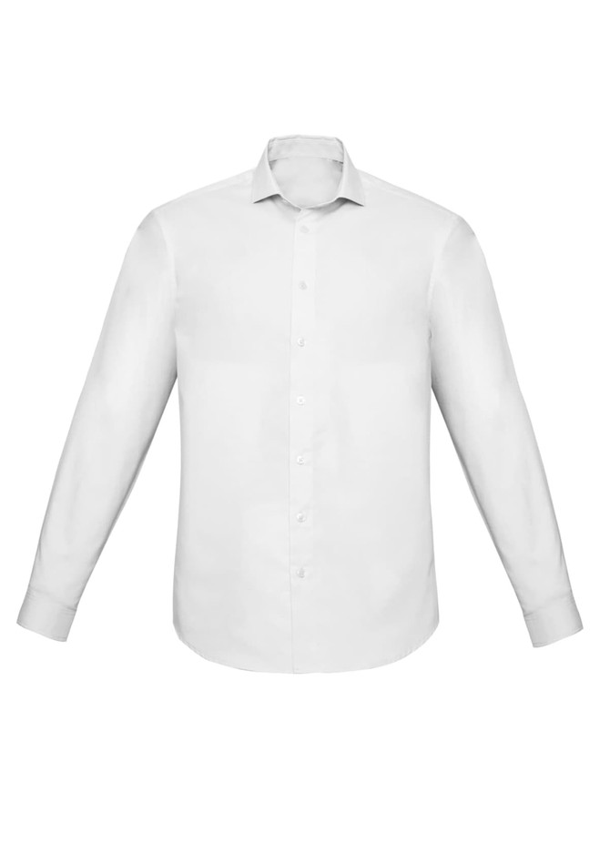 A white slim fit long sleeve button-up shirt with a classic collar and cuffs. It has a branding logo.