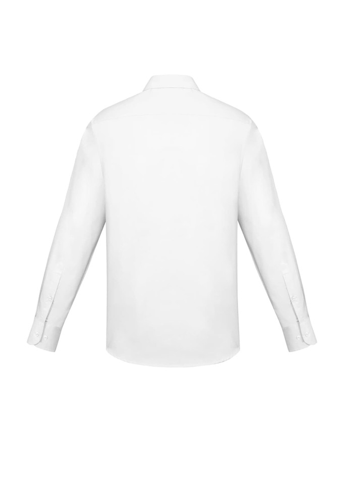 A white long sleeve button-up shirt featuring a slim fit design and full-length sleeves. It has a logo on the back.