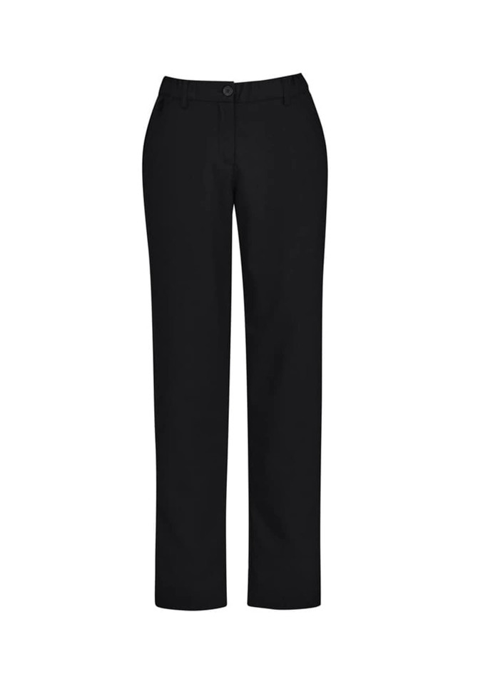 Black straight leg pants featuring a comfort waist design, suitable for women's casual or formal wear.