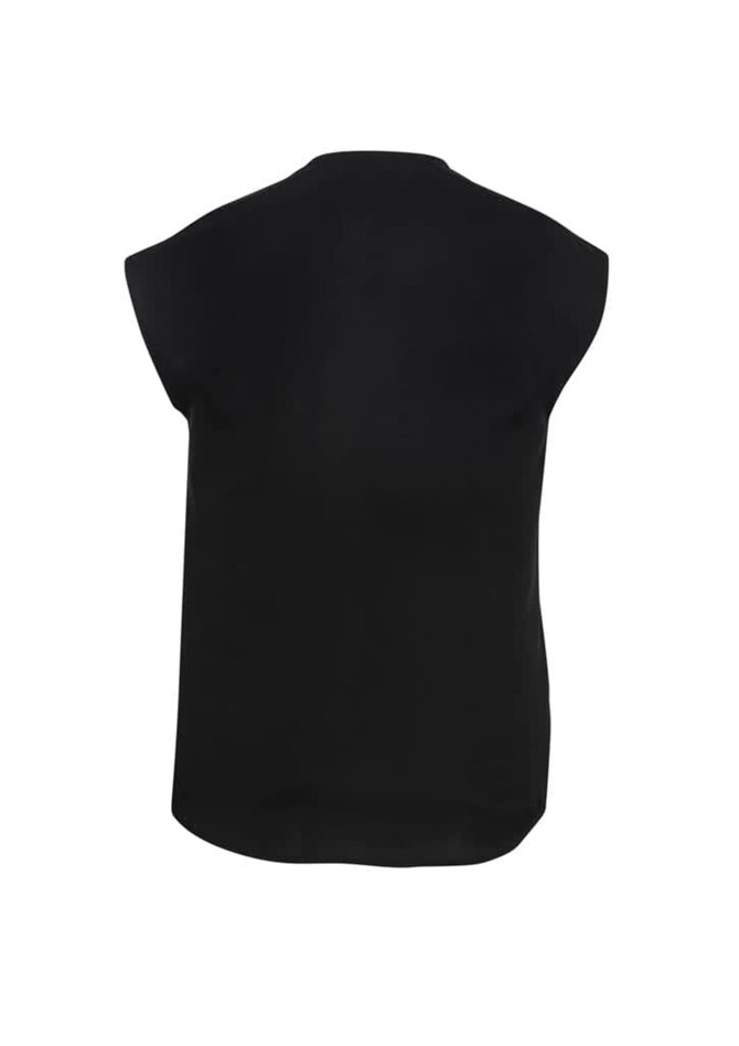 A black women's blouse with a relaxed fit, featuring short sleeves and a rounded hem. The garment has a logo.