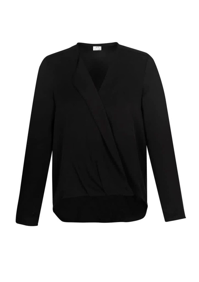 A black women's hi-lo blouse featuring long sleeves and a wrap design, with a branding logo.