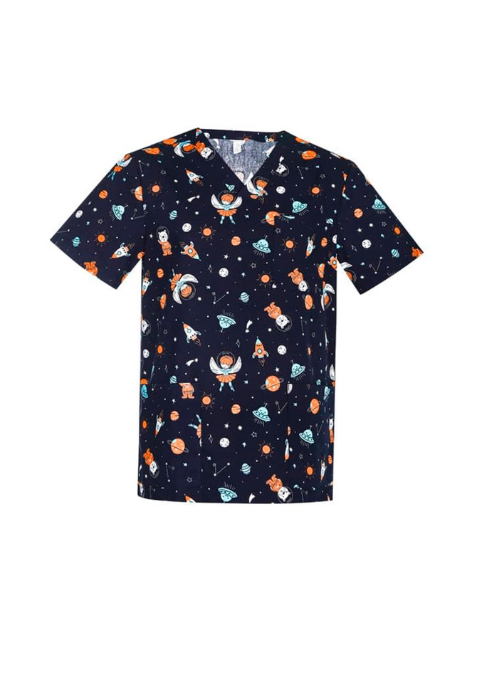 A navy scrub top featuring a fun space-themed print with planets, astronauts, and stars. It includes a logo.