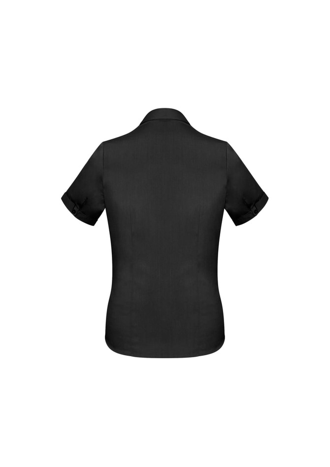 A black short sleeve button-up shirt with a smooth texture and rolled cuffs. Features a logo on the back.