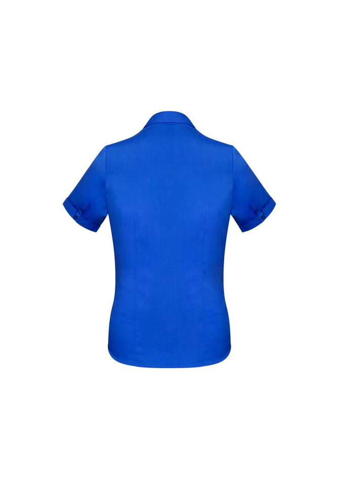 A blue short sleeve women's button-up shirt with a collar and rolled sleeves. Features a logo.
