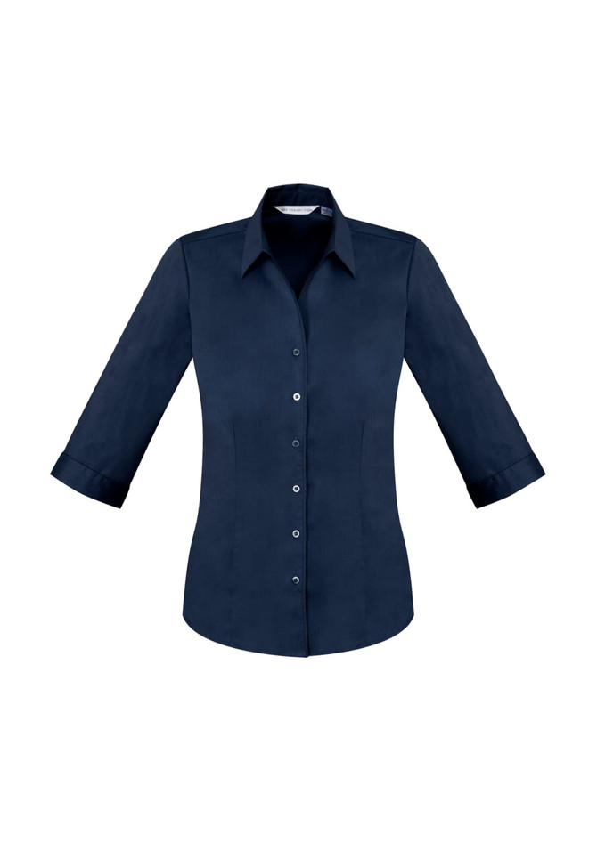 A navy blue women's button-up shirt with 3/4 sleeves and a collared neck. Features a logo on the chest.