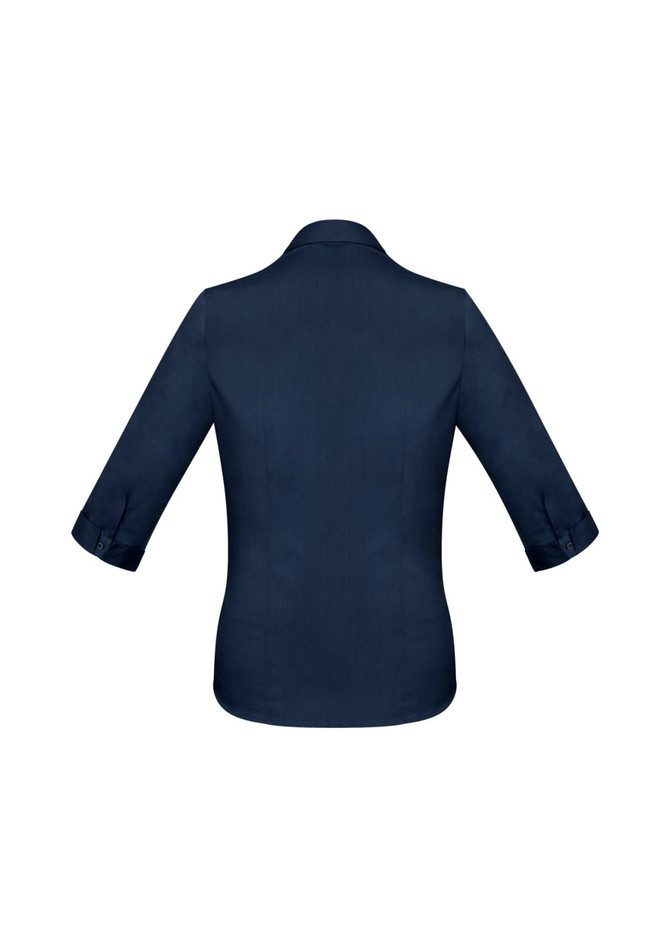 A navy blue women's button-up shirt with 3/4 sleeves and a collar, featuring a logo on the back.