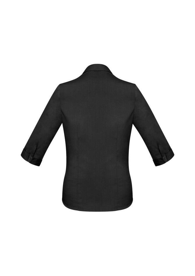 A black women's button-up shirt with 3/4 sleeves, featuring a classic collar and rolled cuffs.