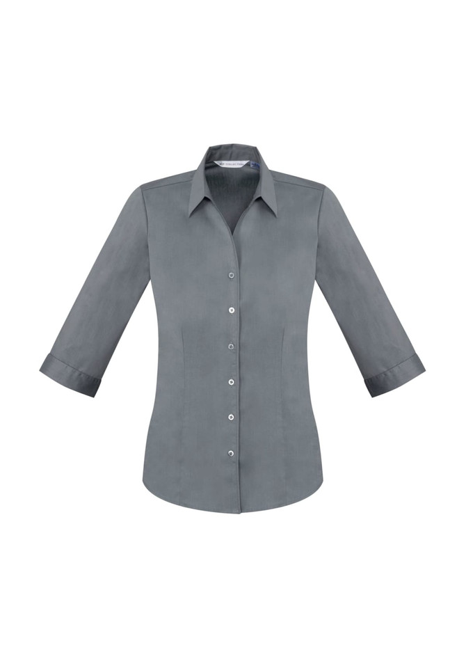 A women's button-up shirt in grey with 3/4 sleeves and a fitted design. It features a collar and buttons down the front.
