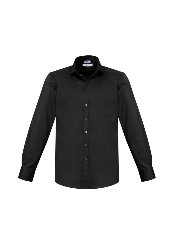 A black long sleeve button-up shirt featuring a chest pocket and a logo on the collar.