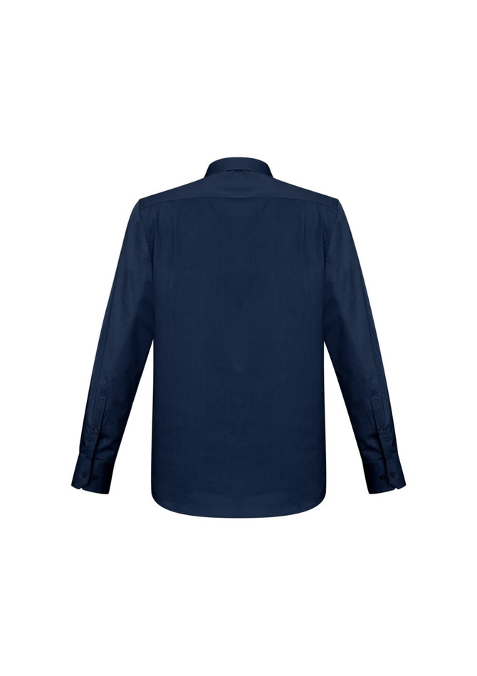 A navy blue long sleeve button-up shirt with a collar and cuffed sleeves. Features a logo.