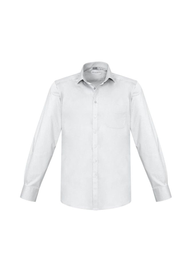 A long sleeve button-up shirt in white featuring a pocket and a logo on the collar.