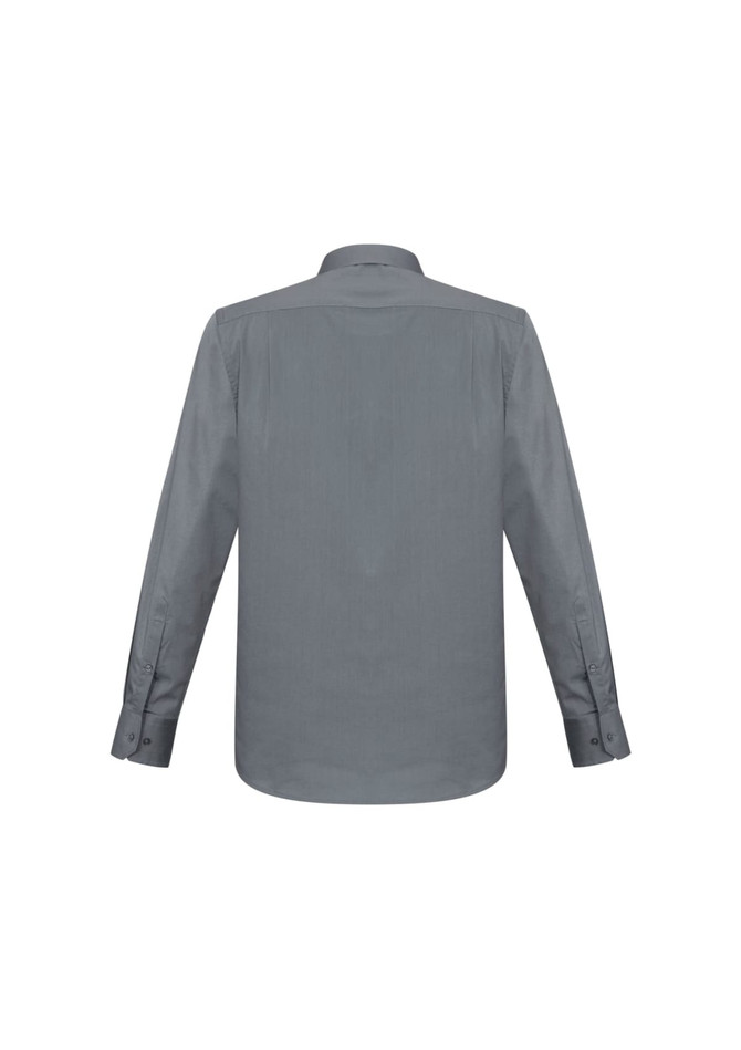 A grey long sleeve button-up shirt featuring a back view and a logo on the collar.