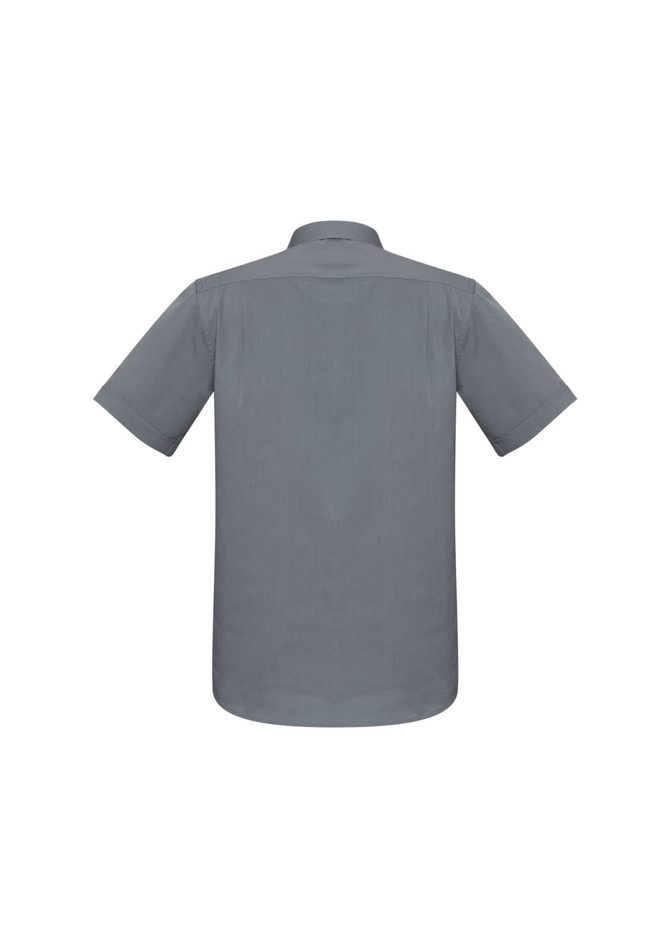 A grey short sleeve button-up shirt with a classic collar and a logo on the back.