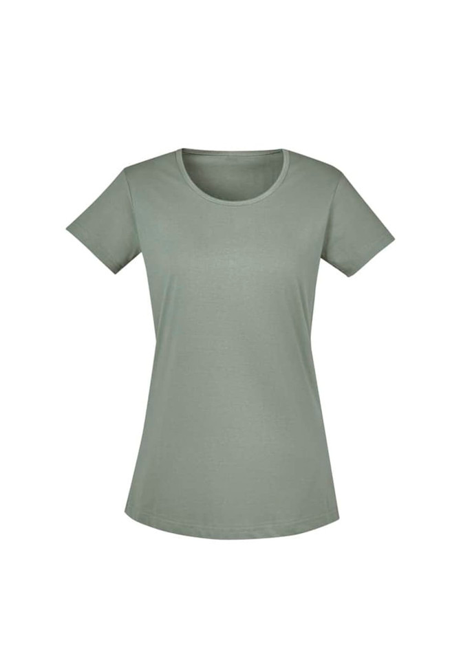 A women's short-sleeve T-shirt in a soft green hue, featuring a rounded neckline and a logo on the side.