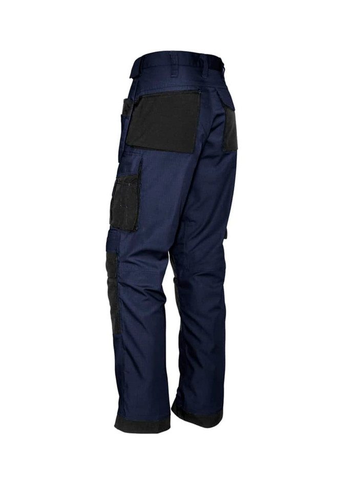 Navy multi-pocket work pants featuring a durable design and various pockets, with black detailing on the back.