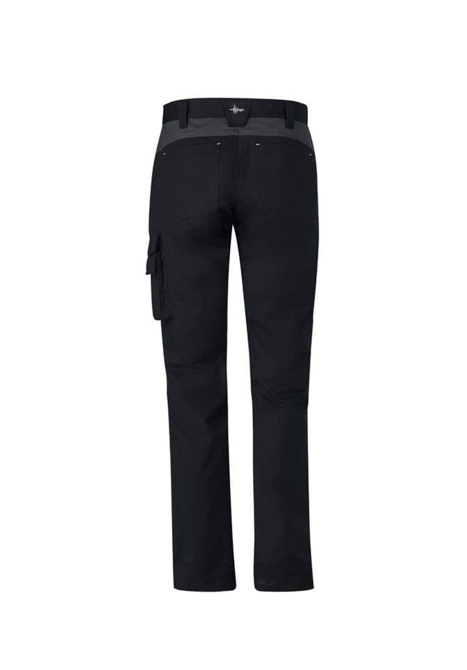 Black work pants with a cargo pocket, featuring a logo on the back. Ideal for tough outdoor tasks.
