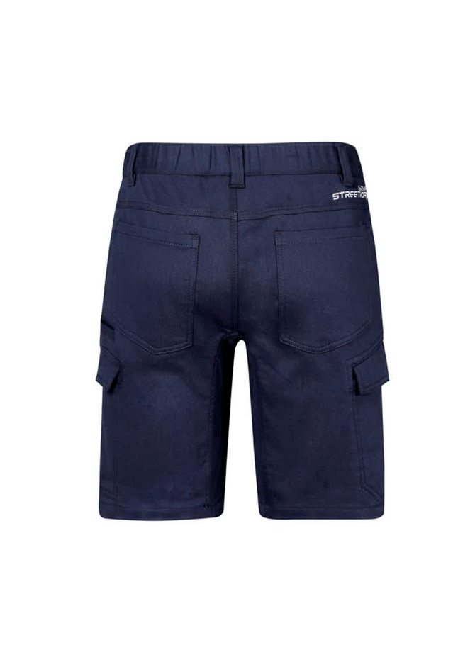 Men's navy shorts featuring cargo pockets and an elastic waistband. The back view highlights the design and logo.