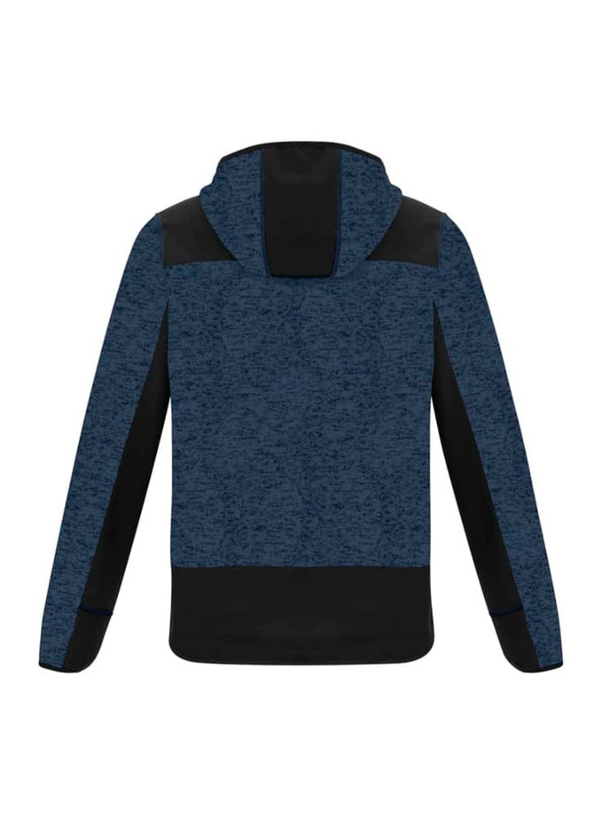 A unisex streetwear hoodie in dark blue with black accents and a hood. The back view features a logo.