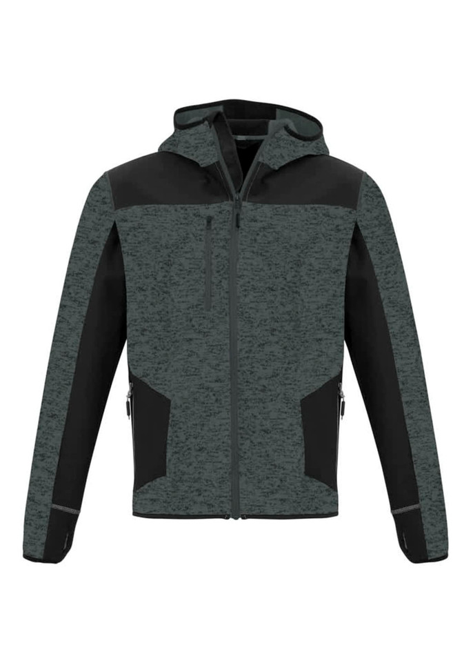 A green and black unisex reinforced knit hoodie with a zippered front and side pockets. Features branding on the design.