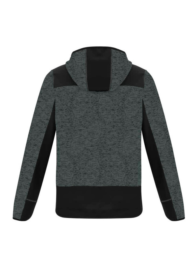 A grey and black unisex reinforced knit hoodie with a hood, featuring contrasting panels and a logo.
