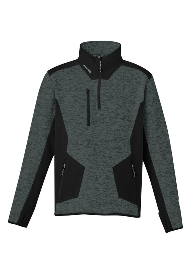 A green and black unisex pullover featuring a half zip, reinforced knit fabric, and has a logo.