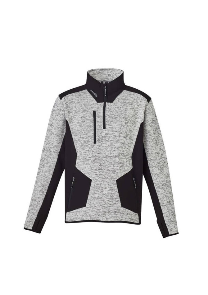 A grey and black unisex 1/2 zip pullover with reinforced knit features and a logo.