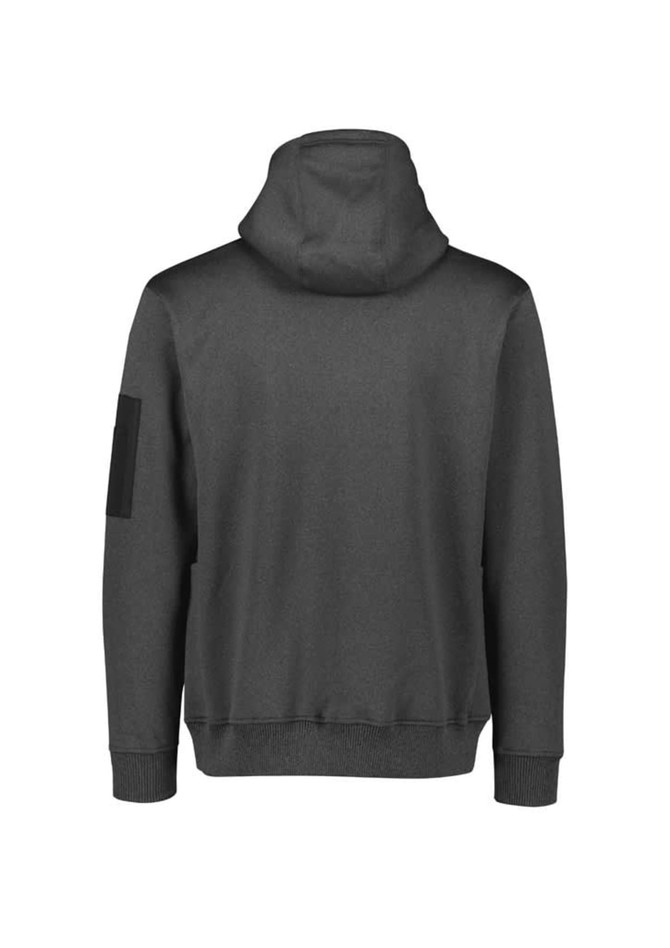 A unisex water-resistant hoodie in dark grey with a hood and an arm patch. It features a simple, minimalist design.