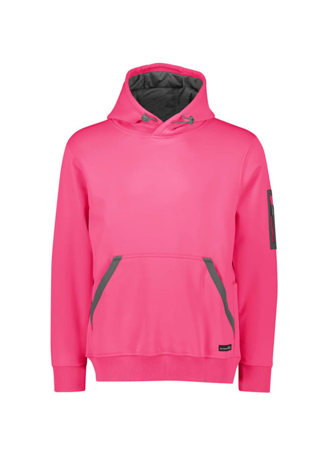 A bright pink unisex water-resistant hoodie featuring a front pocket and a logo on the sleeve.