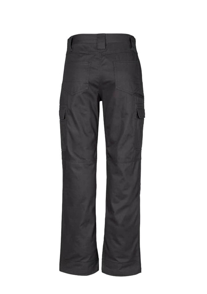 Midweight men's cargo pants in dark grey, featuring multiple pockets and a logo on the back.