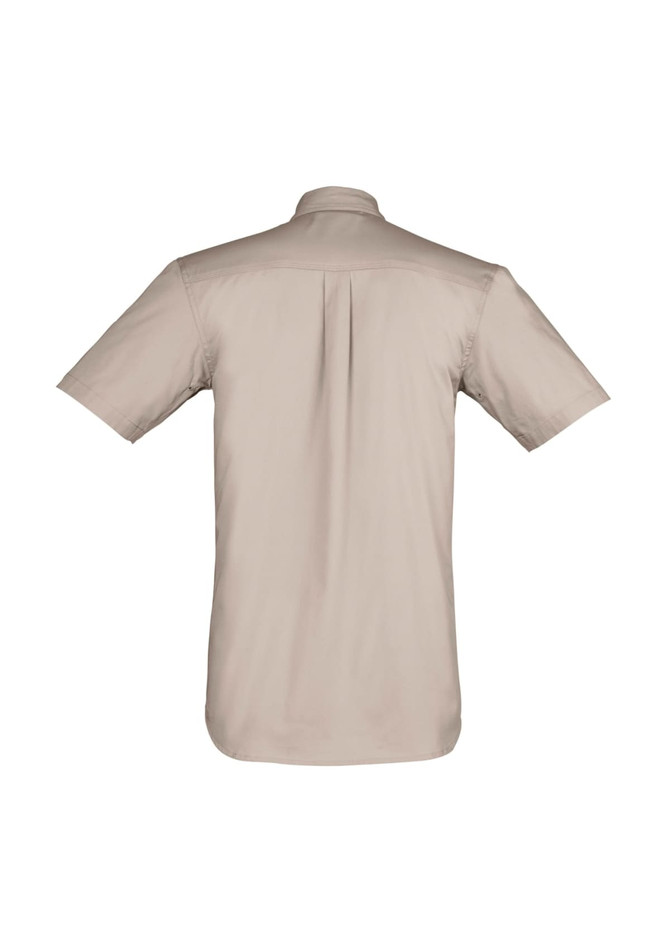A lightweight short sleeve shirt in beige, featuring a back pleat and a logo.