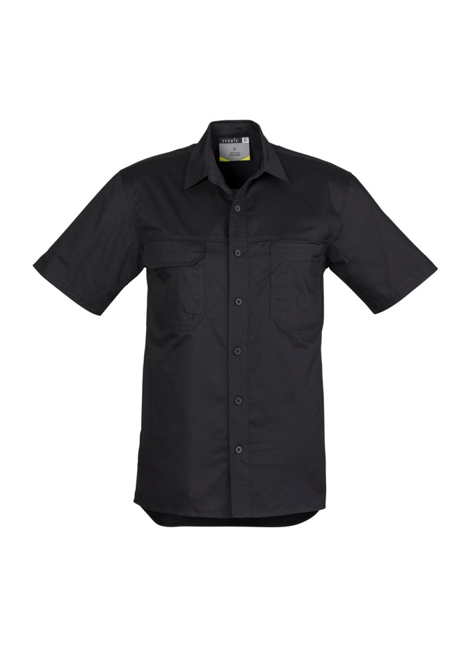 A black short sleeve men's work shirt featuring two chest pockets and a logo. Perfect for workwear.