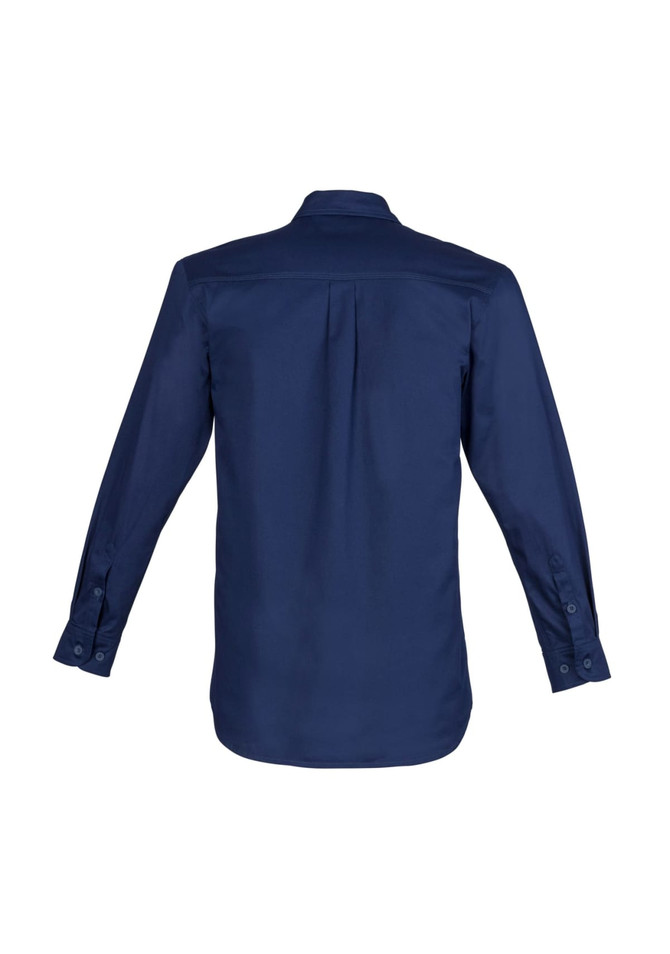 A long sleeve shirt in navy, featuring a back pleat and buttoned cuffs, with a logo on the fabric.