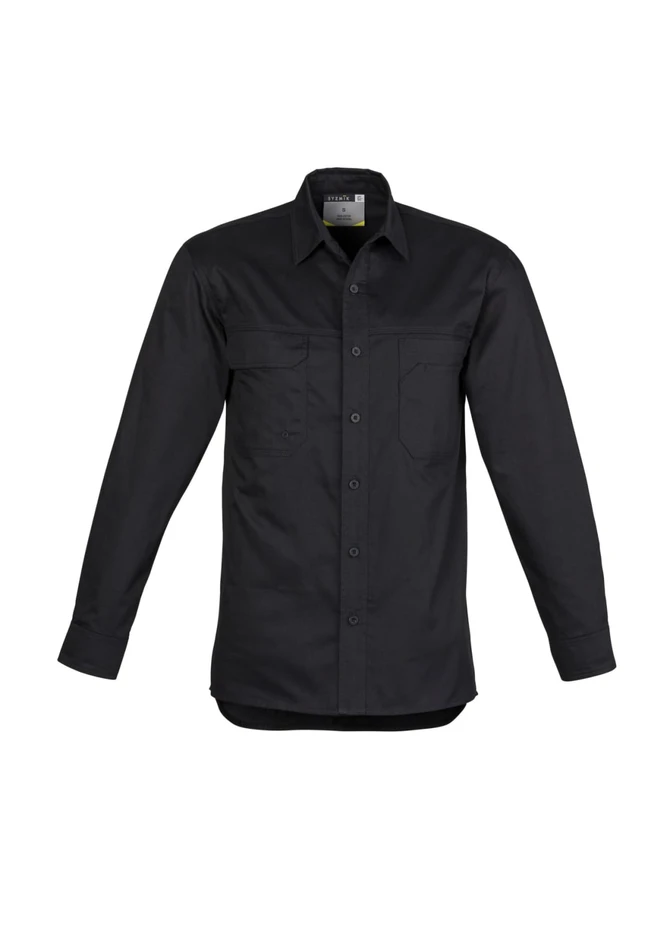 A black long sleeve shirt for men featuring a button-up design and front pockets, along with a logo.
