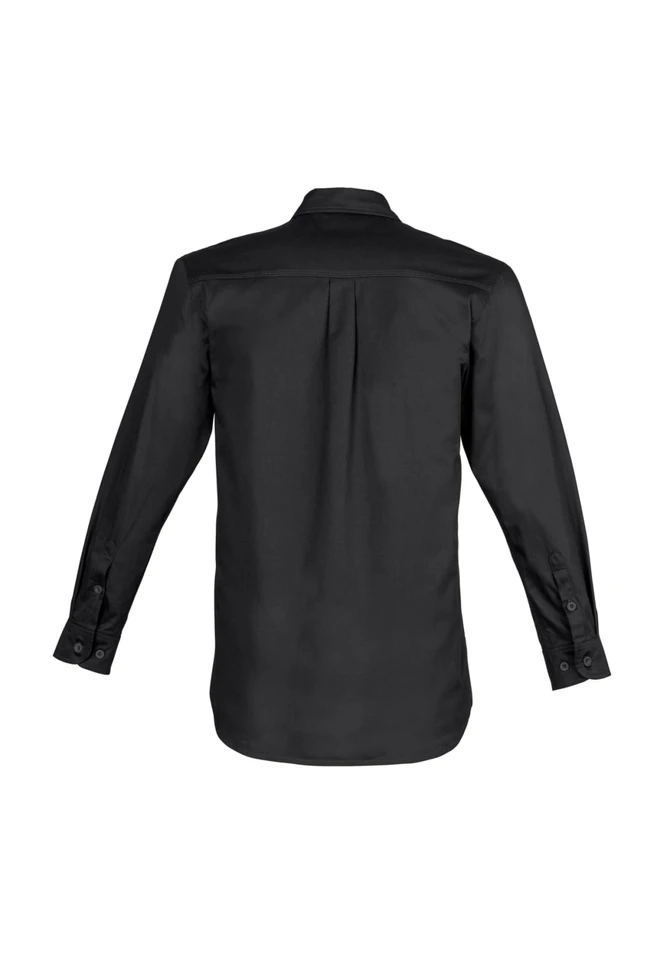 A black long sleeve shirt with a button-down collar and an upright back pleat. It features buttons on the cuffs and has a logo.
