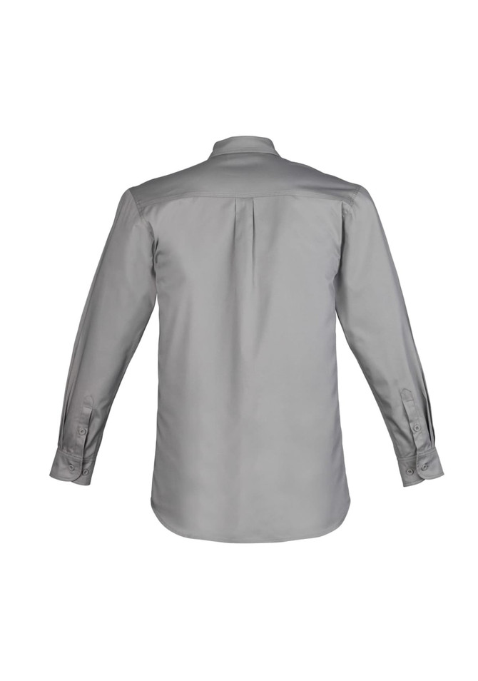 A grey long sleeve work shirt for men, featuring a button-up design and a pleated back. Includes a logo.