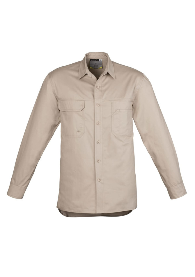 A long sleeve shirt in light beige, featuring two front pockets and a collar, with a logo on the label.