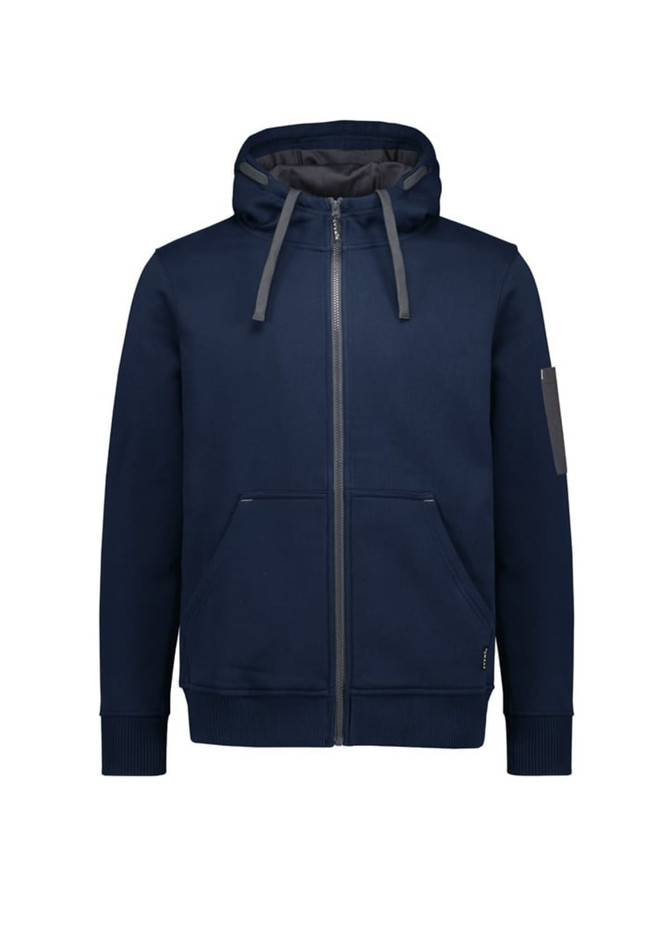 A navy unisex zip front hoodie featuring multiple pockets and a hood. It has a logo on the sleeve.