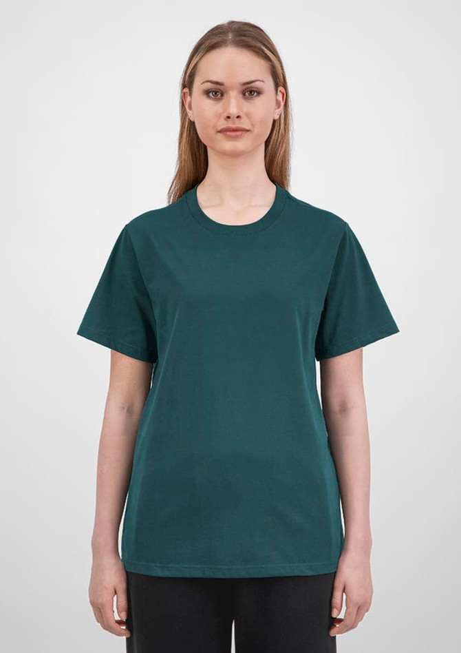A women's short sleeve tee in a deep green colour, featuring a simple design and a logo.