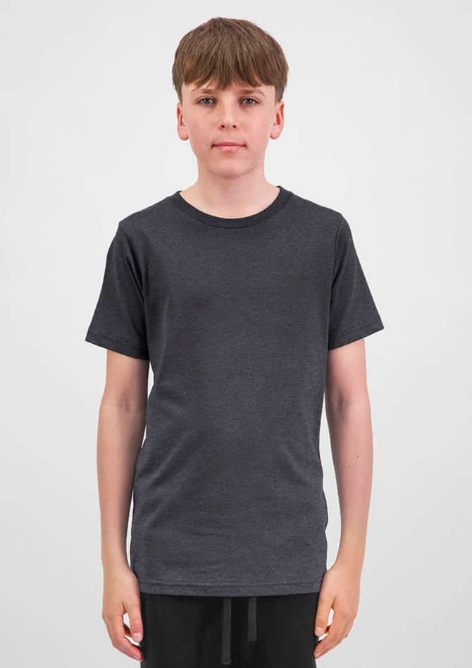A youth short sleeve tee in charcoal grey, featuring a simple design and a branding logo.