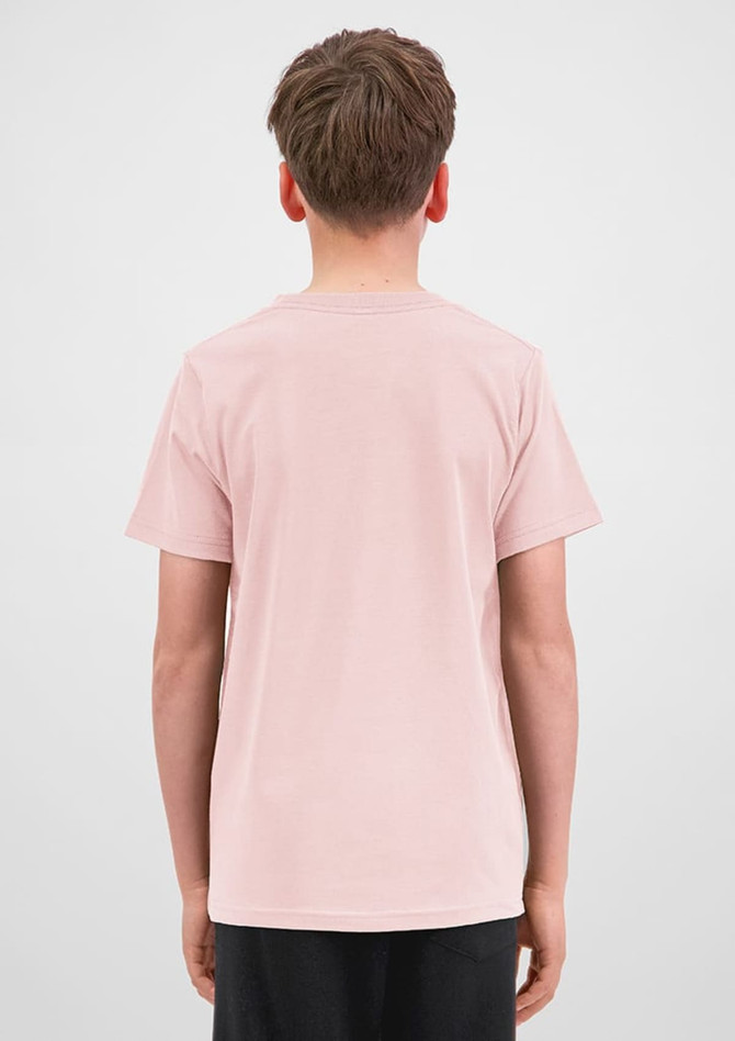A short sleeve tee in a soft pink colour, viewed from the back. It features a label or logo.