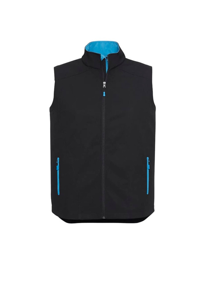 A black vest with a blue inner lining, featuring a full zipper and two zippered pockets, with a logo.