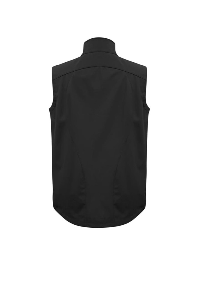 A black men's vest with no sleeves, featuring a simple design and a collar at the neck.
