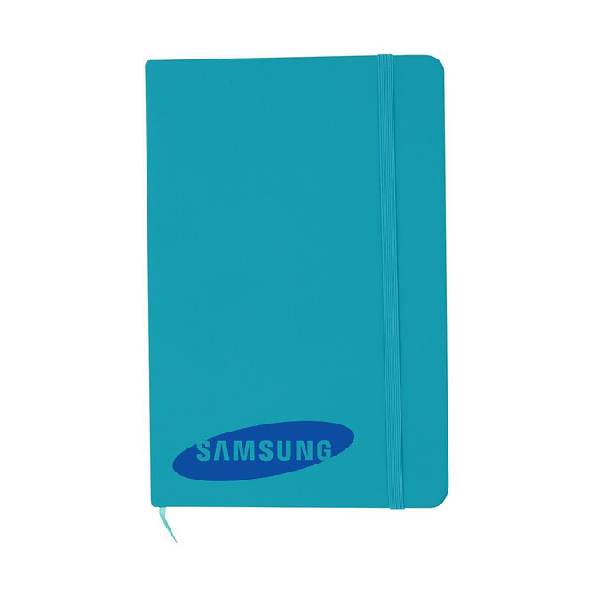 A turquoise A5 notebook with an elastic band closure and a logo on the front cover.