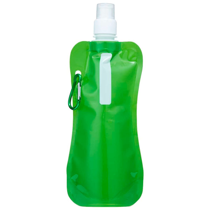 A green water pouch with a spray nozzle and a carabiner clip. It features a logo on the surface.