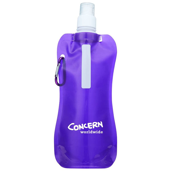 A drink bottle in a translucent purple design, featuring a spout and a logo.