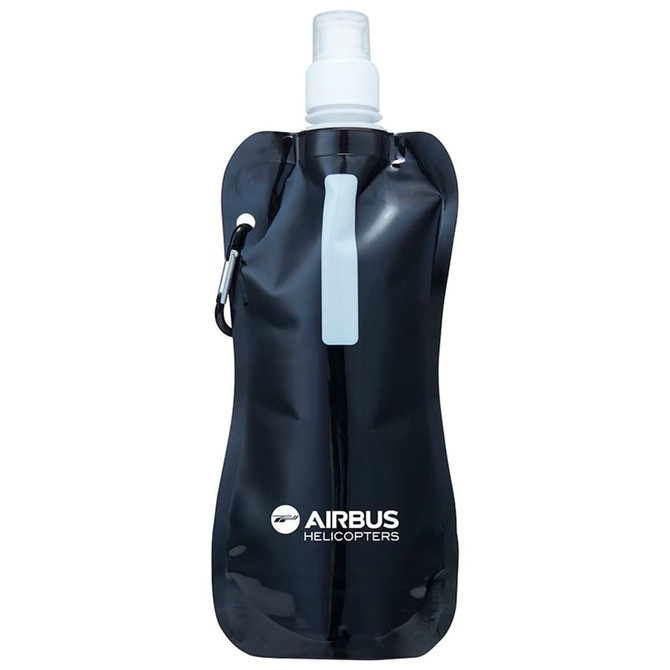 A drink bottle in black, with a spout and a carabiner clip, featuring a logo.