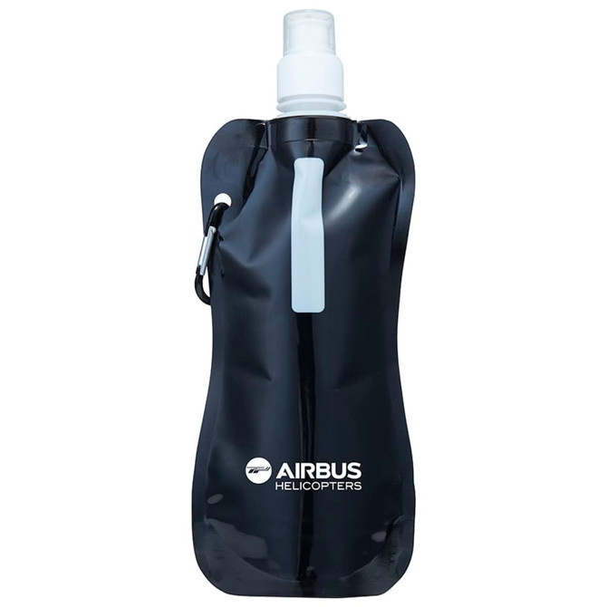 A drink bottle in black, with a spout and a carabiner clip, featuring a logo.